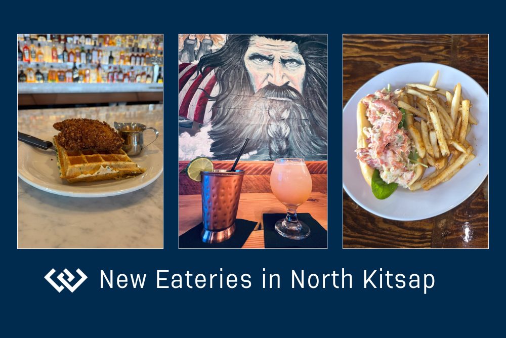 Three Photos: chicken and waffles, cocktails, and a lobster roll with french fries